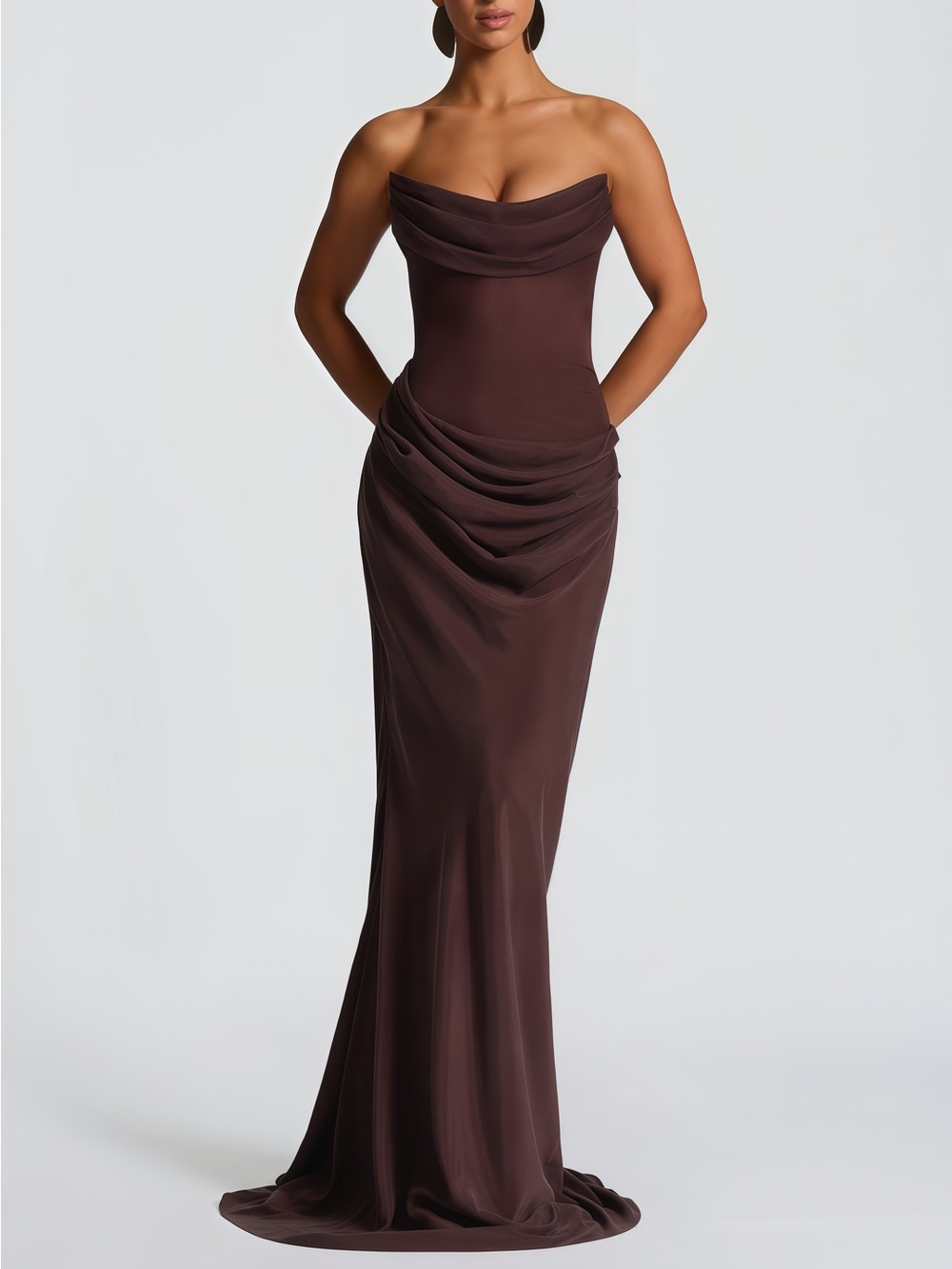 Miss Rosier Vedette Brown Ruched Corset Maxi Dress